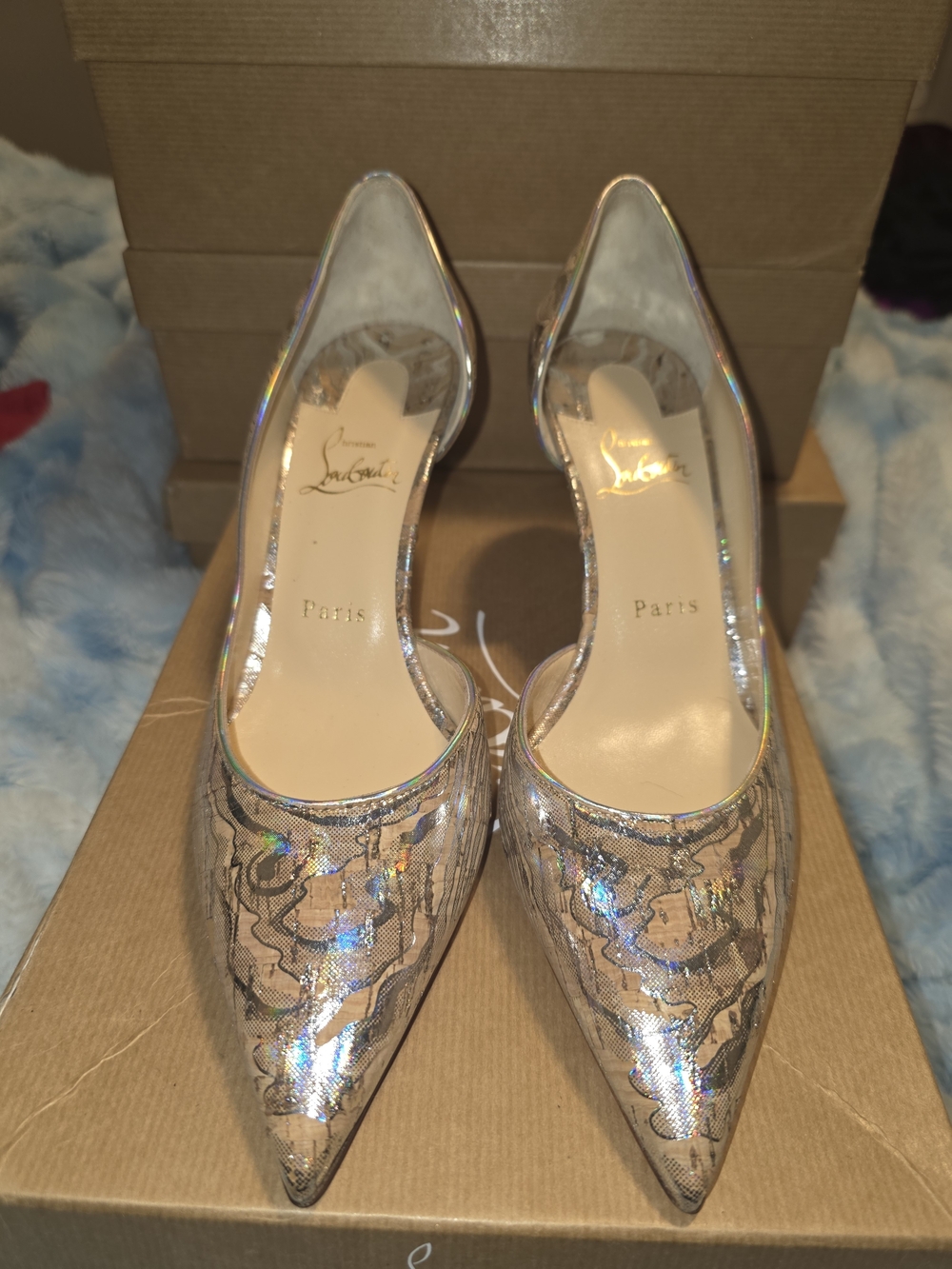 Christian Louboutin Iridescent Pointed-Toe Pumps - Silver- Never Worn